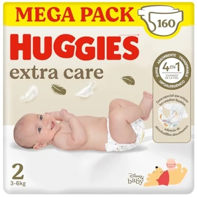 Imagen de Huggies Extra Care Pañales para Recién Nacido con diseños Disney Talla 2 (3 6 kg) 160 pañales, almohadillas suaves y zonas absorbentes