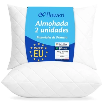 Imagen de Almohadas para Cama 50x80 2 Unidades Relleno Cojin Hipoalergénico Antiácaros y Suave Rectangular Hogar con Funda Exterior de Almohada Respirable en Cotton Polyest. Blanco Extraíble Lavable