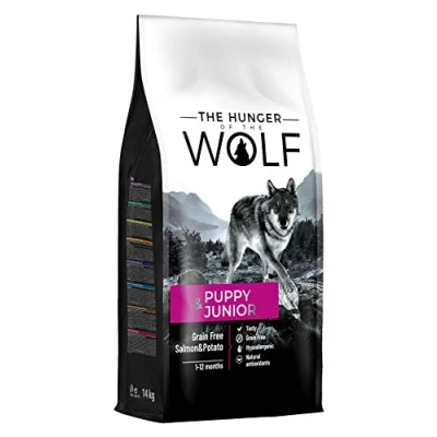 Imagen de the Hunger of Wolf Alimento seco para cachorros y perros jóvenes alérgicos, fórmula delicada sin cereales con salmón patatas 14kg
