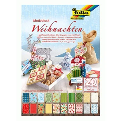 Imagen de folia 47249 Bloc de diseño Navidad, 270 g/m², Aprox. 24 x 34 cm, 20 Hojas Surtidas en diseños Diferentes, para Manualidades y Creativo Tarjetas, Ventanas álbumes Recortes