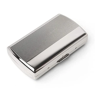Imagen de Mini estuche de metal para cigarrillos, mujeres y hombres, clip resorte portátil doble cara, capacidad 12 cigarrillos 85 mm (rayas plateadas)