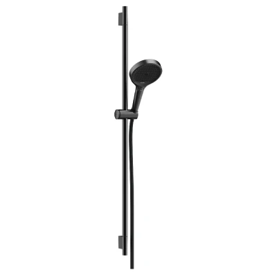 Imagen de hansgrohe Rainfinity, set de ducha ahorro agua, mano (EcoSmart) con barra 90cm, soporte y Designflex flexo textil 160cm, 3 tipos chorro, cromo negro cepillado