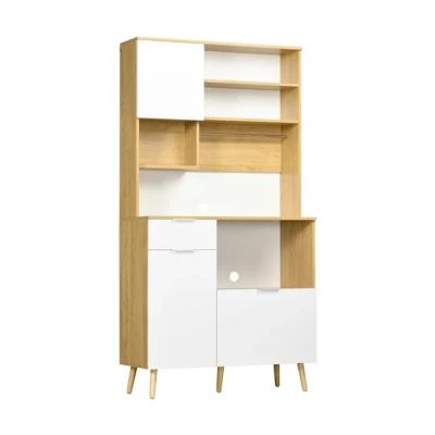 Imagen de HOMCOM Alacena de Cocina Aparador Alto Mueble Auxiliar con 3 Puertas Cajón Estante Ajustable Encimera para Microondas y Toallero 93x40x180 cm Natural Blanco