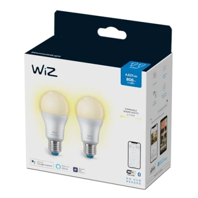 Imagen de WiZ Bombilla LED Inteligente Wi Fi, 8W(Eq. 60W) E27 A60, Luz Blanca Cálida Regulable, con tecnología SpaceSense y compatible Alexa Google Home Pack de 2