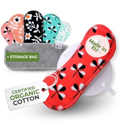 Imagen de Compresas Reutilizables Ecológicas Algodón Orgánico; 6 Pack (tamaños S+M) de Tela Lavables para Mujer HECHAS EN LA UE; Organico con alas menstruación, incontinencia