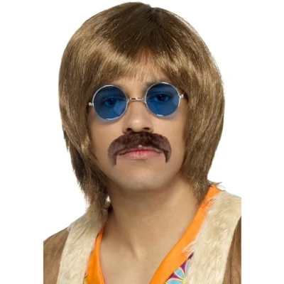 Imagen de Smiffys Kit de complementos hippie años 60, castaño, con peluca, bigote y gafas hippies