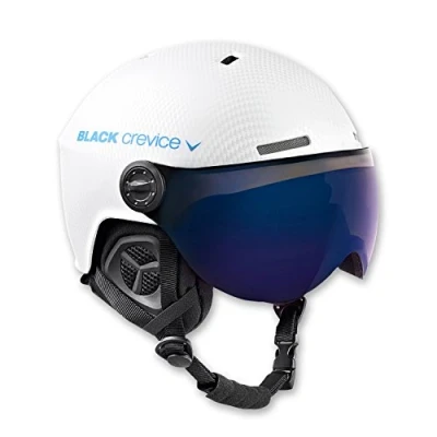 Imagen de Black Crevice Casco de Esquí Gstaad, con Visera en Estilo Piloto, para Hombres y Mujeres, Ski Policarbonato, Transpirable, Talla Ajustable (S/M (54 57 cm), Carbono Blanco/Azul)
