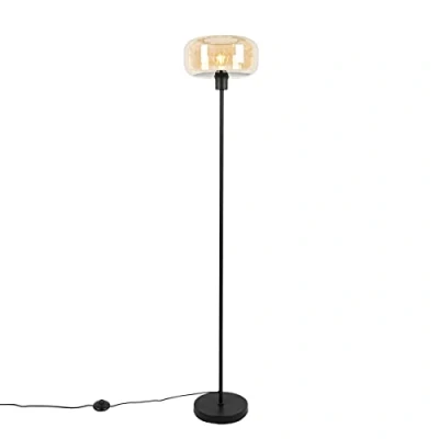 Imagen de Qazqa art Déco Lámpara de pie deco negra con cristal ámbar Bizle/Acero Redonda Adecuado para LED Max. 1 x 25 Watt