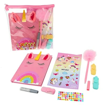 Imagen de Inca Set Papelería Unicornio para Niñas 9 Artículos Estuche Transparente, Libreta Unicornio, Bolígrafo Rosa con Pompón, Marcadores, Pegamento, Stickers y Pegatinas de Piedrecitas Brillantes
