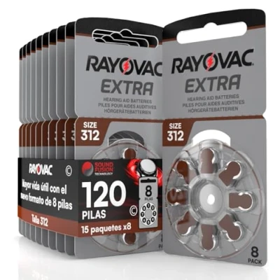 Imagen de 120 Pila para Audífonos Rayovac Extra 312 con Tecnología Sound Fusion 15 Pack de 8 Baterías Audífono
