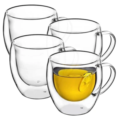 Imagen de KADAX Taza de cristal doble pared, 250 ml, con asa ancha, para zumo, té, café, capuchino, agua, té helado, hielo, vidrio universal, vaso vacío (4)