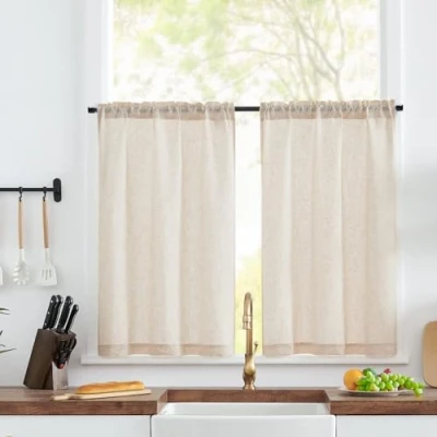 Imagen de TOPICK Visillo de lino, cortina bistró con filtro luz, semitransparente, corta, par cortinas, para cocina, salón, casa campo, juego 2 unidades, 65 x 60 cm