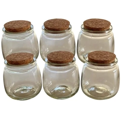 Imagen de Planet Zero 6 frascos de vidrio 300 ml con tapas corcho Paquete seis pequeños reutilizables Para el hogar o la cocina, especias, yogur, postre, pudín, sal, pimienta, fab