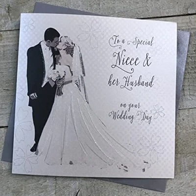 Imagen de WHITE COTTON CARDS Tarjeta de felicitación para novia y novio con texto en inglés «To a Special Niece &amp; her Husband on your Wedding Day», hecha mano, color blanco crema, 16 cm x