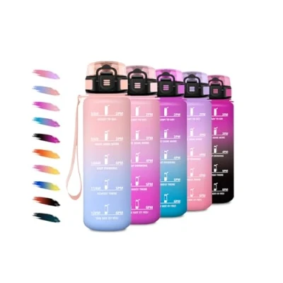Imagen de Botella Agua Deportiva 1L, con Filtro, Reutilizable, Fácil de Limpiar, Cantimplora Motivadora y Prueba Fugas, para Running, Gimnasio, Cámping, Bicicleta, Correr, Senderismo