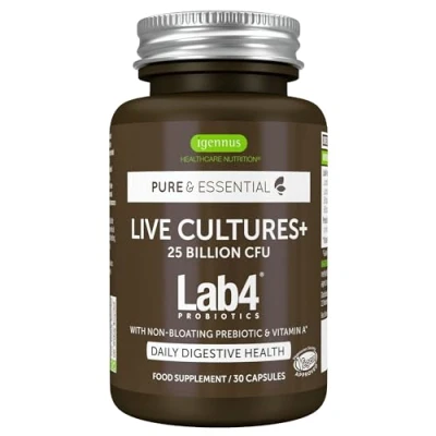 Imagen de Probióticos y prebióticos intestinales, Live Cultures+ Lab4, 25 Mil Millones de UFC, Lactobacillus Bifidobacterium, Sin Hinchazón, 30 Cápsulas Veganas Igennus