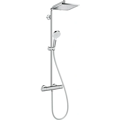 Imagen de hansgrohe Crometta E sistema de ducha ahorro agua (EcoSmart) con termostato, lluvia (240 x 240 mm), mano (2 tipos chorro), flexo, barra y fija rectangular, cromo, 27281000