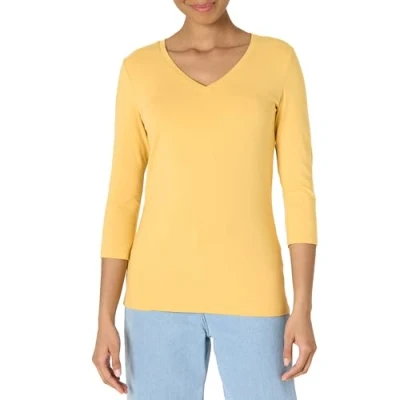Imagen de Amazon Essentials Camiseta de Cuello en Pico, Manga 3/4 y Ajuste Clásico (Disponible Tallas Grandes) Mujer, Amarillo Oscuro, XXL