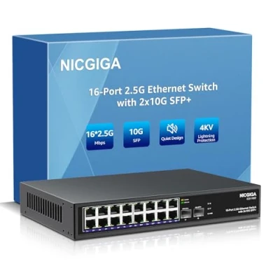 Imagen de 16 Port 2.5G ➕ 2 10G SFP+ Ethernet Switch, NICGIGA 18 2.5Gb Network Switch Unmanaged, Plug &amp; Play, Desktop or 19 Inch Rack Mount, Fanless Metal Design.