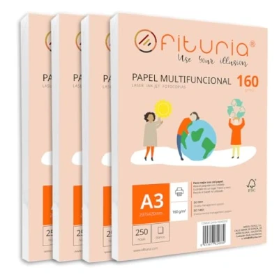 Imagen de Paquete de folios A3 160gr con 1000 Hojas Blancas, Papel Multifuncional para Uso Escolar y Entornos Laborales. Ideal impresoras láser, inyección o fotocopiadoras Ofituria
