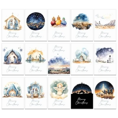 Imagen de 30 tarjetas religiosas de Navidad con 15 diseños diferentes y sobres papel kraft marrón hechos reciclado