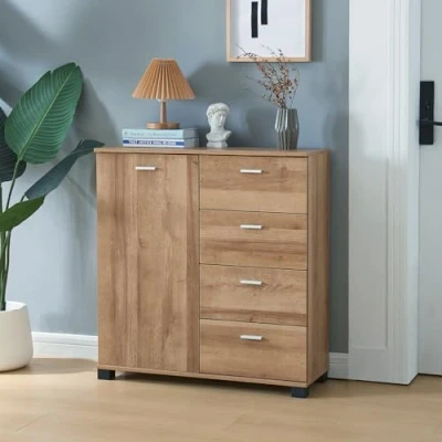 Imagen de [en.casa] Aparador Döbritz con Puerta 4 Cajones y 2 Estantes Internos Regulables en Altura Armario Zapatero Mueble Aglomerado 76 x 80 28 cm Efecto Roble