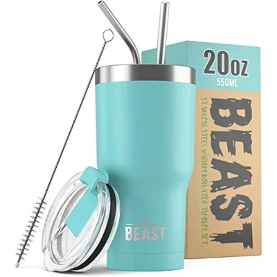 Imagen de Greens Steel BEAST Termo Café para Llevar 550ml I Azul Aguamarina Taza Térmica de Acero Inoxidable Reusable Viajera Doble Pared al Vacío 2 Pajitas y Cepillo Limpieza