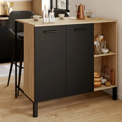 Imagen de Mesa de bar isla CINA 100 cm en madera negra con tablero aspecto haya
