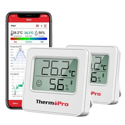Imagen de Higrómetro ThermoPro TP357 260FT Bluetooth, con monitor remoto de temperatura y humedad APP inteligente, medidor sensor registros máximos mínimos, 2 piezas