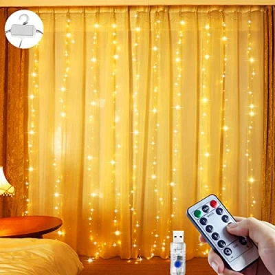 Imagen de Cortina de Luces, 3m*3m 300 LED Luces Navidad con Remoto, Alimentadas USB, Impermeable 8 Modos 6 Brightness para Navidad,Fiestas,Dormitorio,JardíN,Interior,Exterior (Blanco CáLido)