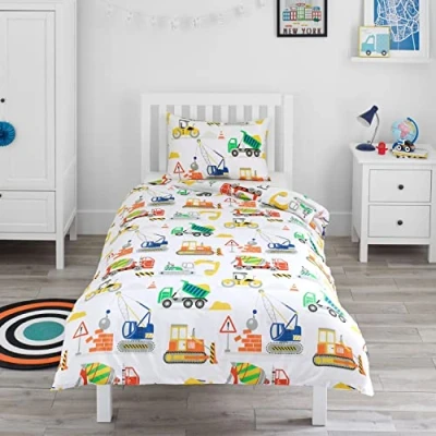 Imagen de Bloomsbury Mill Juego de Funda Nórdica para Cuna/Bebe Camiones, Excavadoras y Grúas Ropa Cuna Niños Niñas Almohada Reversible Cama Infantil/Niño Pequeño 120 x 150 cm