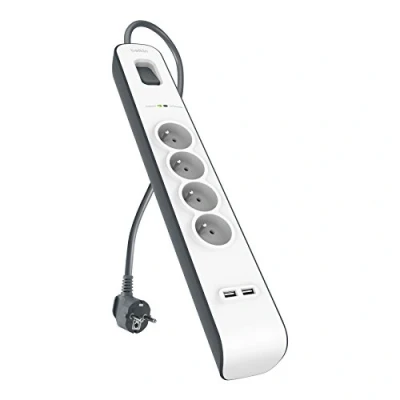 Imagen de Belkin BSV401CA2M Regleta de protección contra sobretensiones (4 Tomas, 525J, Cable 2 m, Puertos USB), Color Blanco y Gris
