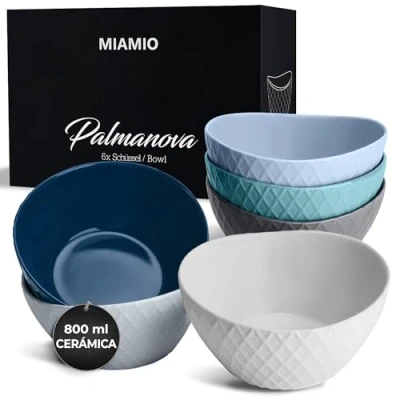 Imagen de MIAMIO 6 x 800 ml Juego de cuencos/Juego cuencos cereales modernos mate grandes Colección Palmanova (Azul)