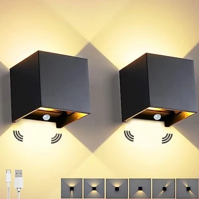 Imagen de Lampara de pared LED Interior 6W Aplique negro con Detector Movimiento, USB Recargable Alimentada por pilas, Ángulo haz Ajustable iluminación pared, Lámpara Magnética Inalámbrica