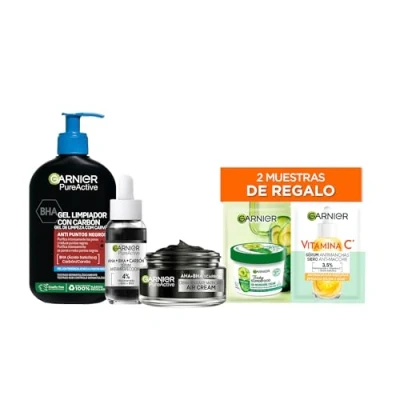 Imagen de Garnier Pure Active Pack rutina Anti Imperfecciones, Gel Limpiador Puntos Negros 250 ml, Serum Imperfecciones con 4% de Niacinamida, Crema Hidratante Matificante AHA+BHA y Carbón
