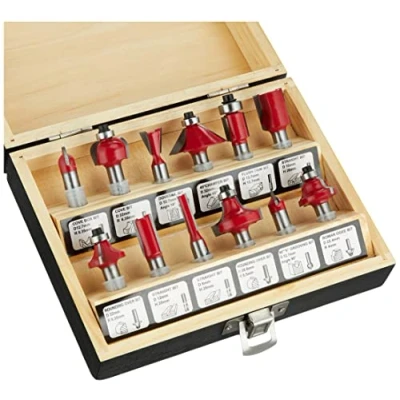 Imagen de Meister 5644460 Juego de fresas (12 piezas, para trabajar la madera, fresadoras con vástago 8 mm, metal duro, fresa ranurada, púas, enrasar, cavar y redondear)