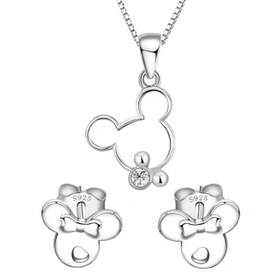 Imagen de Kaguyo juego de joyas para mujer, plata ley, collar con colgante ratón, aretes mujeres y niñas, diseño amistad, regalo cumpleaños, Zirconia cúbica, Circonita cúbica