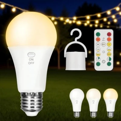 Imagen de Kambo Bombilla LED E27 recargable USB C 7W con botón de control, regulable, batería 2600 mAh y gancho, iluminación emergencia para interior exterior, lámpara camping, 1 Pieza