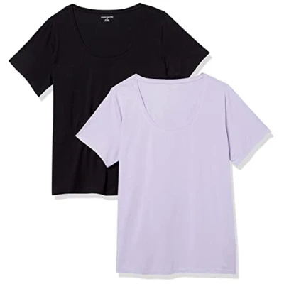 Imagen de Amazon Essentials Camiseta de Manga Corta con Cuello Redondo y Corte Estándar (Disponible en Tallas Grandes) Mujer, Pack 2, Negro/Lavanda, XL