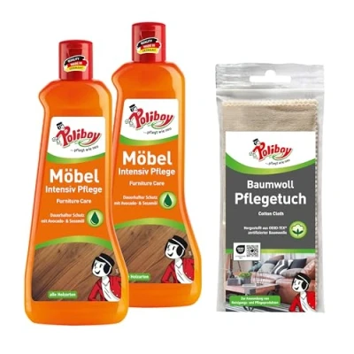 Imagen de Poliboy ... pflegt wie neu cuidado intensivo para muebles de madera lacada, protector y refrescante la madera, color neutro, 2 x 500 ml con paño algodón, fabricado en Alemania