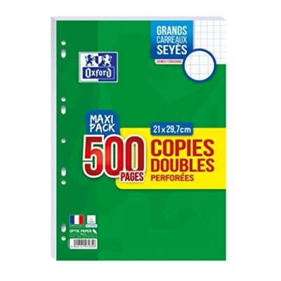 Imagen de Oxford Lote de 500 páginas dobles perforadas A4 (21 x 29,7 cm) 90 g cuadrados grandes Seyès Maxi Pack