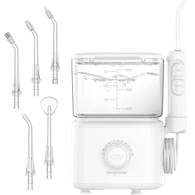 Imagen de Sawgmore irrigador dental eléctrico con 10 niveles de presión ajustables, 600 ml capacidad, oral 5 boquillas multifuncionales para el hogar (blanco)
