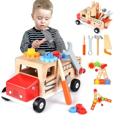 Imagen de Caja de Herramientas Madera para Niños 2 3 4 5 Años, Juguetes Montessori con 30 Piezas, Coche Educativos y Niñas