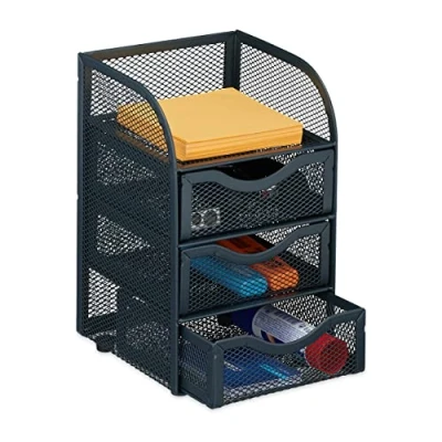 Imagen de Relaxdays Organizador Escritorio, 4 Compartimentos, Diseño Rejilla, 21x12,5x13cm, Caja Utensilios con Cajones, Antracita, Acero