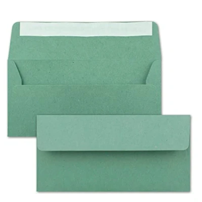 Imagen de NEUSER PAPIER 50 sobres de papel estraza reciclado, verde eucalipto, longitud DIN, 11 x 22 cm, autoadhesivos, vintage