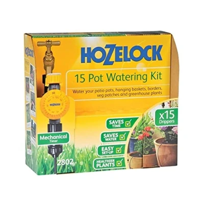 Imagen de HOZELOCK Kit de riego por goteo 15 macetas: sistema autónomo completo con temporizador, ideal para plantas en maceta y jardineras, preciso ahorro agua [2802 0000], paquete 1