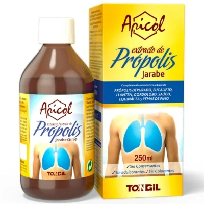 Imagen de Jarabe para la Tos con Própolis, Pino y Equinácea Expectorante Expulsar Mucosidad, Suaviza Garganta, Aumenta las Defensas Sin Edulcorantes Gluten 250 ml de Apicol Tongil