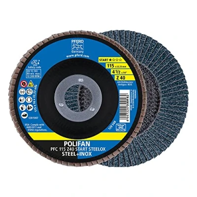 Imagen de PFERD POLIFAN 69300936 Disco de láminas, 10 unidades, PFC 115 x 22,23 mm, cónico Z40 START Linie STEELOX, para acero, acero inoxidable (INOX)