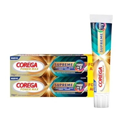 Imagen de Corega Supreme Todo en 1, Crema Fijadora Para Prótesis Dentales, Con la Mejor Tecnología de Poder Mordida Corega, Fijación Fuerte, Sellado, Comodidad, Sin Sabor, Pack 2 x 70 g