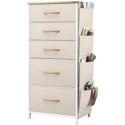 Imagen de YITAHOME Cajonera de Tela con Bolsillos Laterales, Ganchos,Cómoda Tela,Unidad Almacenamiento,con 5 cajones Extraíbles,Cómoda para Sala Estar,Dormitorio, habitación Infantil,Beige